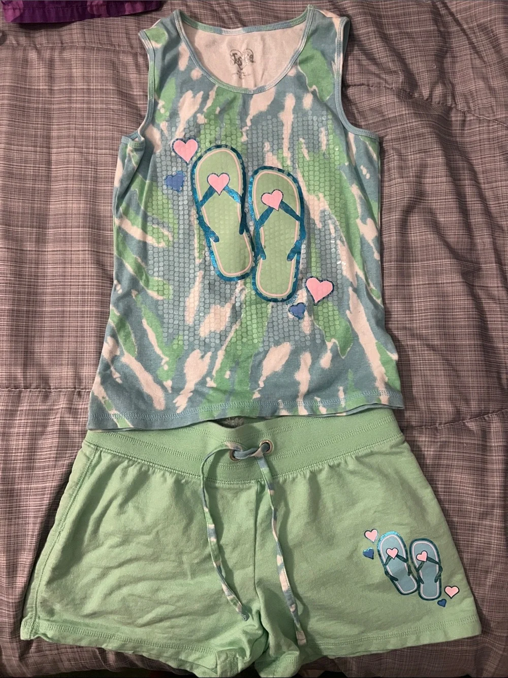 Justice Green Tie-Dye Flip-Flop Pajama Set with Pink Hearts